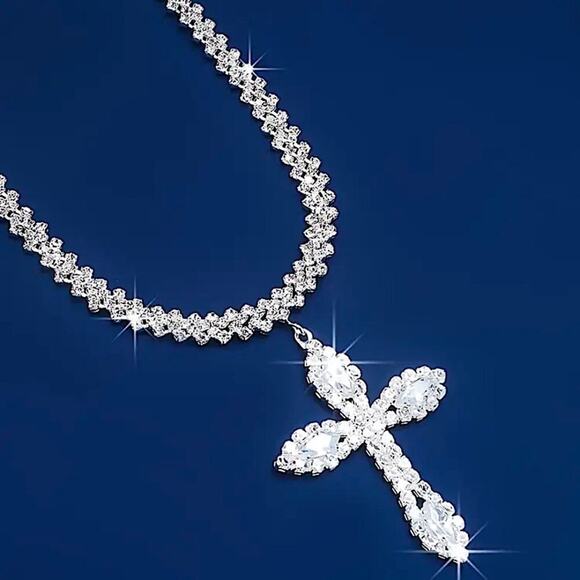 Silver Crystal Cross Choker Necklace Boho Tribal - Picture 2 of 5